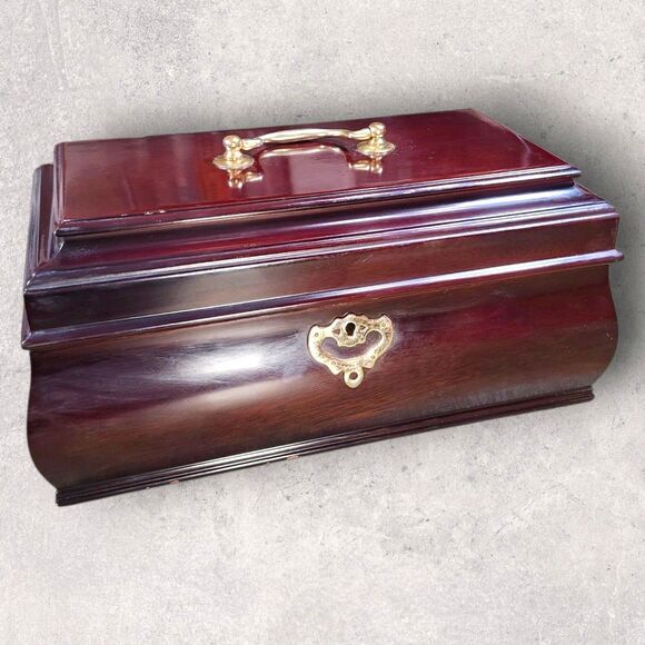 Vintage Bombay Company Mahogany Jewelry Box Red Velvet Lined w/ 2 Keys Large - Picture 5 of 16